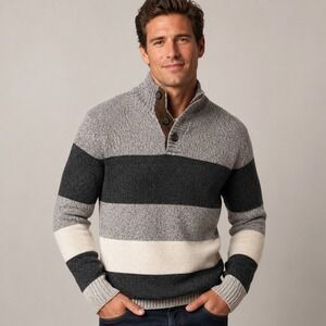 CHAPS Men's Striped Mock Neck Sweater Button Henley Gray Suede Trim Sz S 20x27